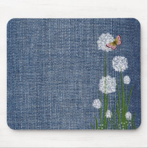 Puff Flowers on Denim Mouse Pad