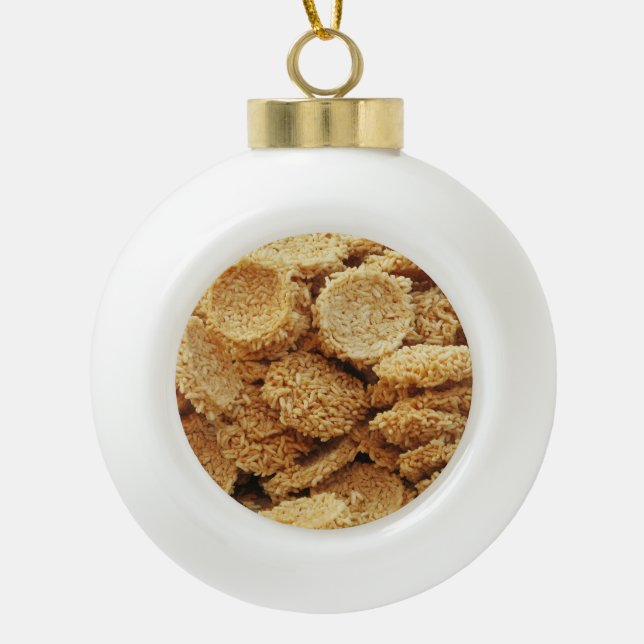 Puffed Rice Cakes ~ Asian Sweets Desserts Food Ceramic Ball Christmas Ornament (Front)
