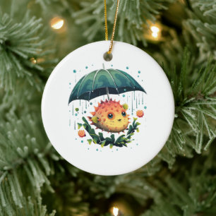 Puffer Fish Rainy Day With Umbrella Ceramic Tree Decoration