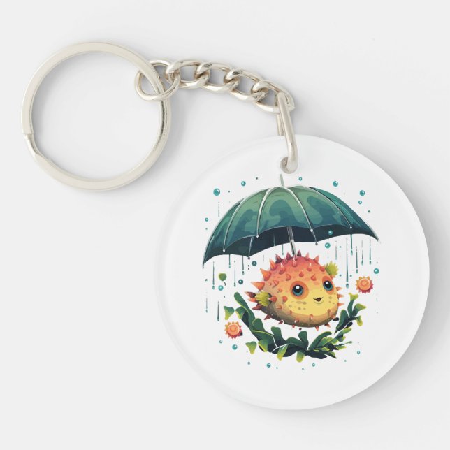Puffer Fish Rainy Day With Umbrella Key Ring (Front)