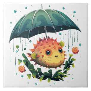 Puffer Fish Rainy Day With Umbrella Tile