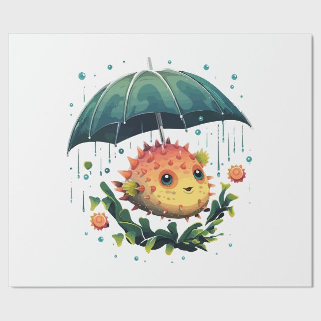 Puffer Fish Rainy Day With Umbrella Wrapping Paper (Flat)