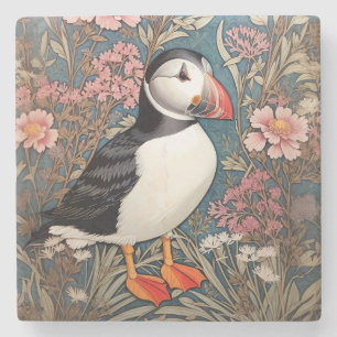 Puffin And Sea Thrift Flowers William Morris Stone Coaster