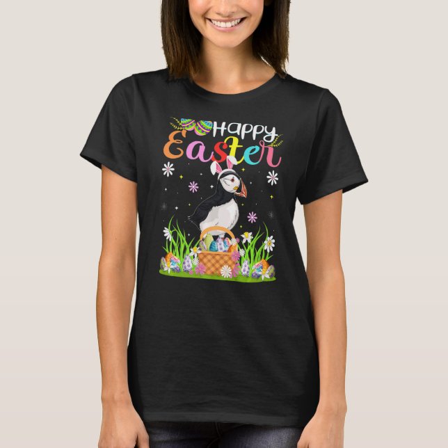 Puffin Bird Bunny Egg Hunting Puffin Happy Easter T-Shirt (Front)