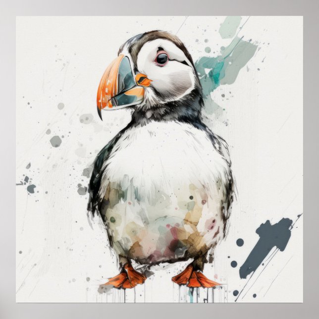 Puffin Bird Portrait Animal Painting Wildlife Free Poster (Front)