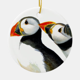 Puffin Bird Watercolor Painting Ceramic Tree Decoration