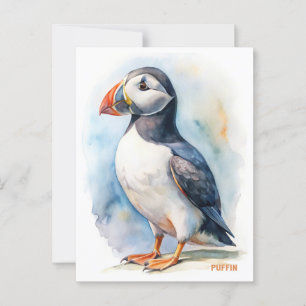 Puffin bird watercolor painting postcard