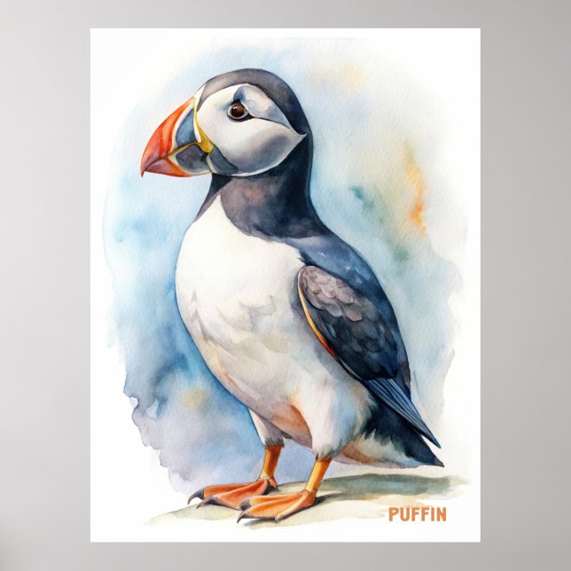 Puffin bird watercolor painting postcard poster (Front)