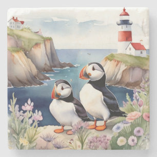Puffin Birds on Coast with Lighthouse Stone Coaster
