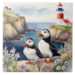 Puffin Birds on Coast with Lighthouse Tile