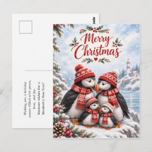 Puffin Family Christmas Traditional Art Holiday Postcard