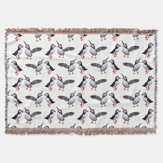 Puffin Frenzy Throw Blanket (White) (Front)