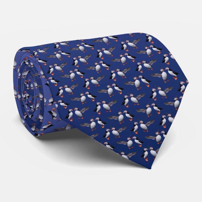 Puffin Frenzy Tie (Light/Dark Blue) (Rolled)