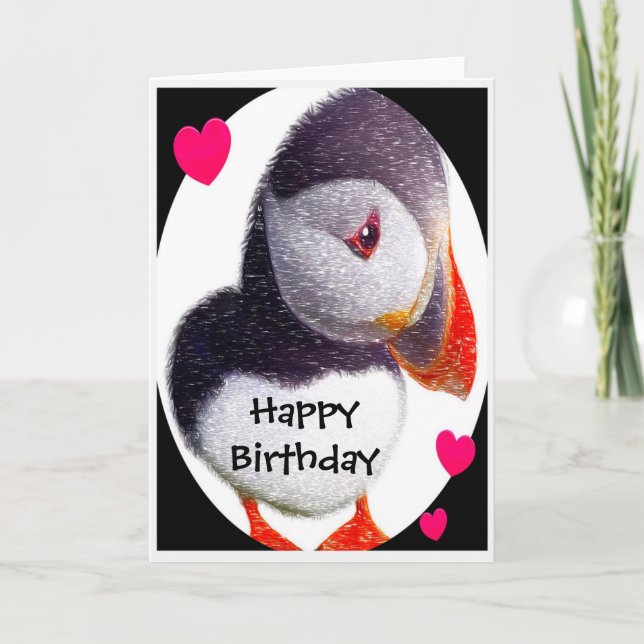 Puffin Hearts Happy Birthday Card (Front)