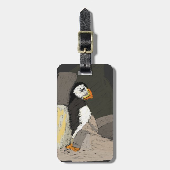 Puffin in Rocks Drawing Luggage Tag (Front Vertical)