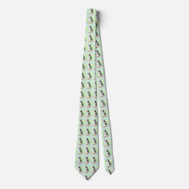 Puffin Ink and Watercolour Painting Tie (Front)