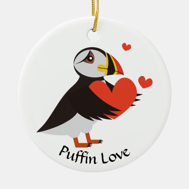 Puffin Love Red Hearts Ornament (Front)