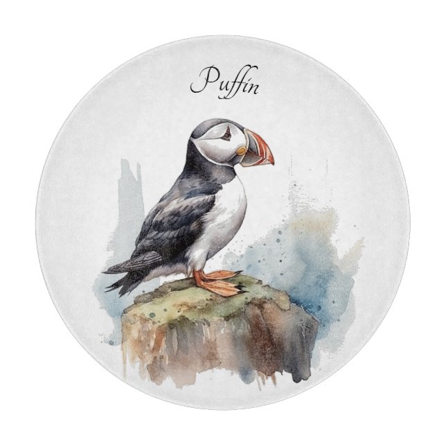 Puffin on a Rock Watercolor, custom Cutting Board (Front)