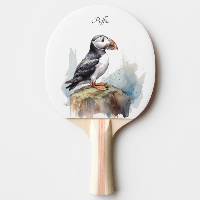 Puffin on a Rock Watercolor, custom Ping Pong Paddle (Front)