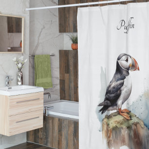 Puffin on a Rock Watercolor, custom Shower Curtain