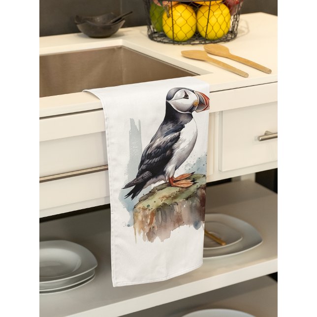 Puffin on a Rock Watercolor, custom Tea Towel (Creator Uploaded)