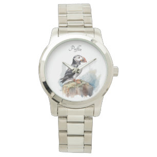 Puffin on a Rock Watercolor, custom Watch