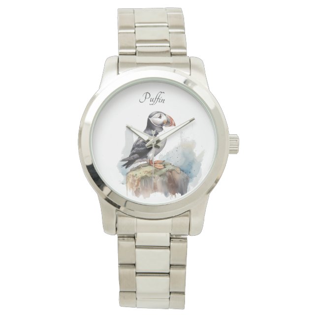 Puffin on a Rock Watercolor, custom Watch (Front)