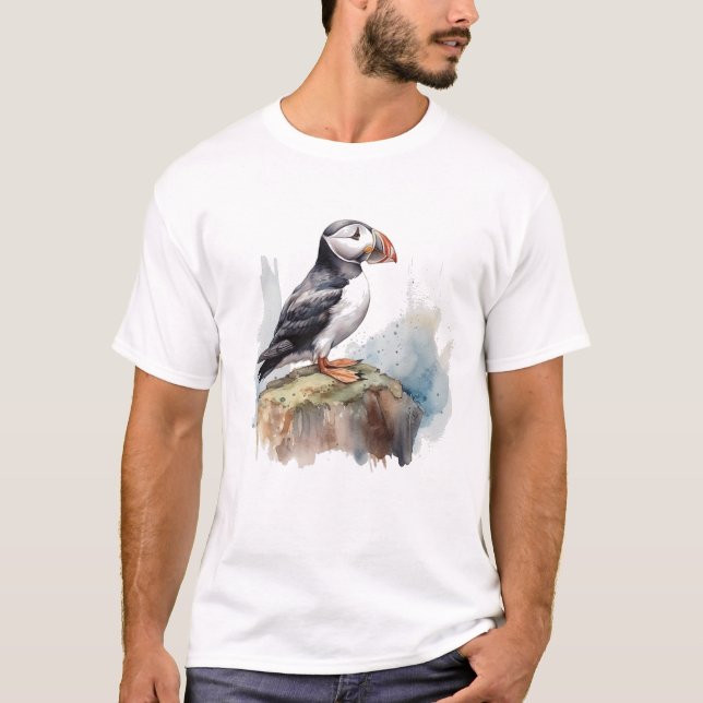 Puffin on a Rock Watercolor T-Shirt (Front)