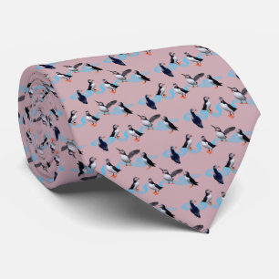 Puffin Party Tie Double Sided Print (Dusty Pink)