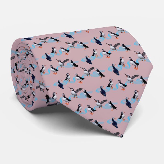 Puffin Party Tie Double Sided Print (Dusty Pink) (Rolled)