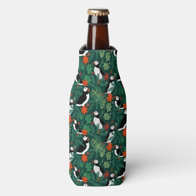 Puffin Pattern Lush Green Bottle Cooler (Bottle Front)