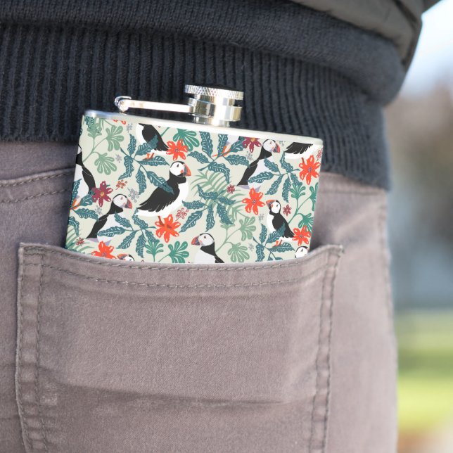 Puffin Pattern Warm Beige Hip Flask (In Situ)