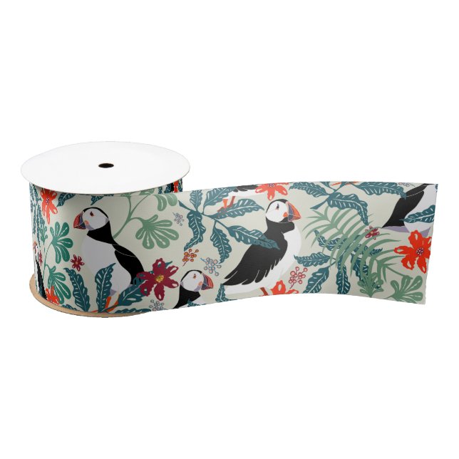 Puffin Pattern Warm Beige Satin Ribbon (Spool)