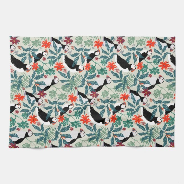 Puffin Pattern Warm Beige Tea Towel (Horizontal)