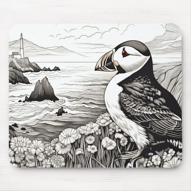 Puffin Peaceful Nature Cliff Sketch Drawing Style Mouse Pad (Front)