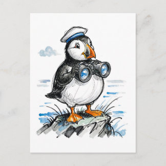 Puffin Scouting Horizon with Binoculars Ink Illust Postcard