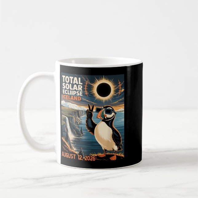 Puffin Selfie Total Solar Eclipse Iceland 2026 Art Coffee Mug (Left)