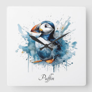Puffin Splash, custom Square Wall Clock