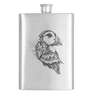 Puffin Wild Animal Nature Illustration Art Tattoo Hip Flask