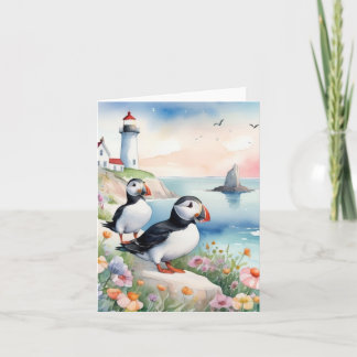 Puffins by the Sea - Ocean Flowers & Lighthouse Card