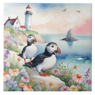 Puffins by the Sea - Ocean Flowers & Lighthouse Tile