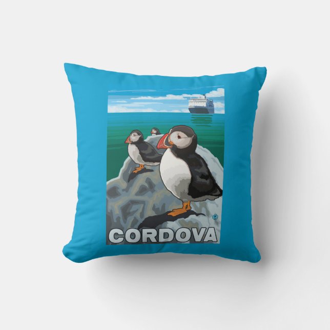 Puffins & Cruise Ship - Cordova, Alaska Cushion (Front)
