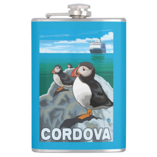 Puffins & Cruise Ship - Cordova, Alaska Hip Flask