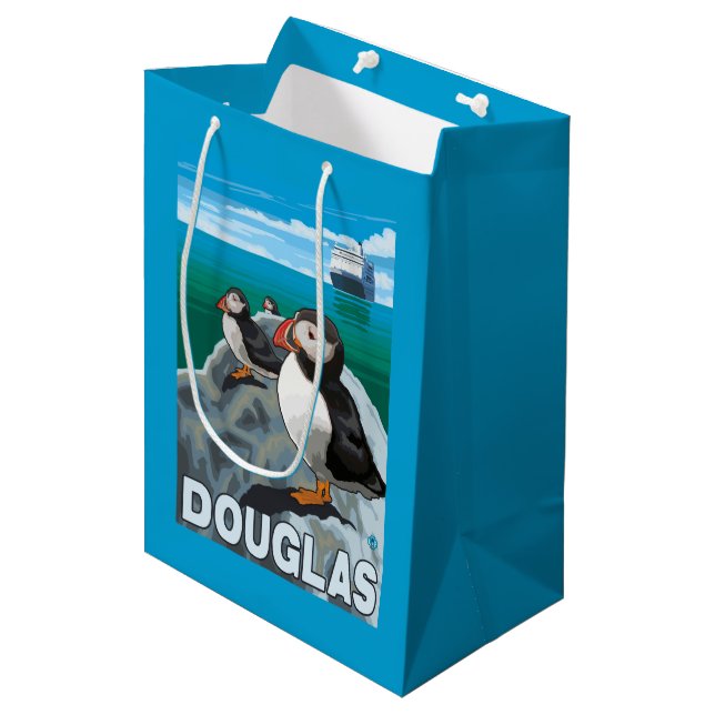 Puffins & Cruise Ship - Douglas, Alaska Medium Gift Bag (Front Angled)