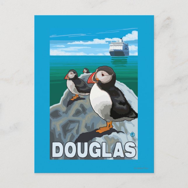 Puffins & Cruise Ship - Douglas, Alaska Postcard (Front)
