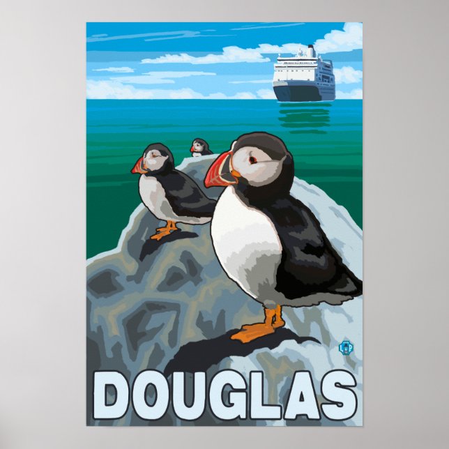 Puffins & Cruise Ship - Douglas, Alaska Poster (Front)