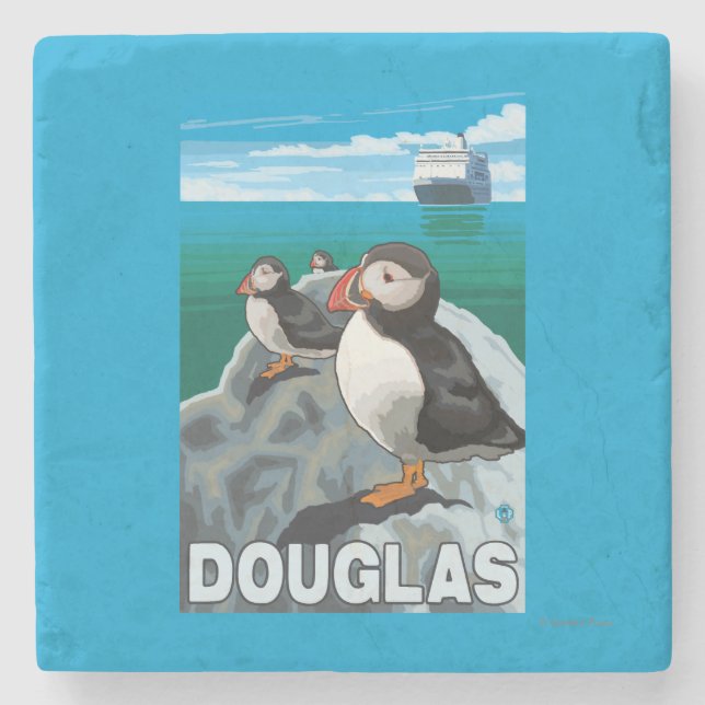 Puffins & Cruise Ship - Douglas, Alaska Stone Coaster (Front)