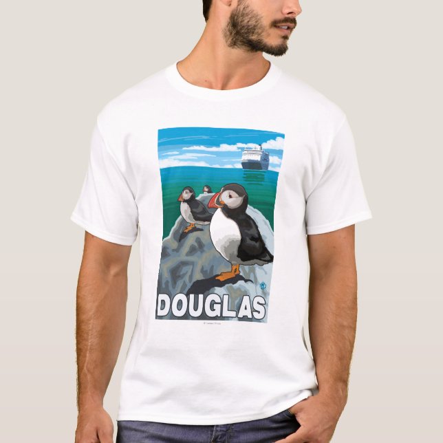Puffins & Cruise Ship - Douglas, Alaska T-Shirt (Front)