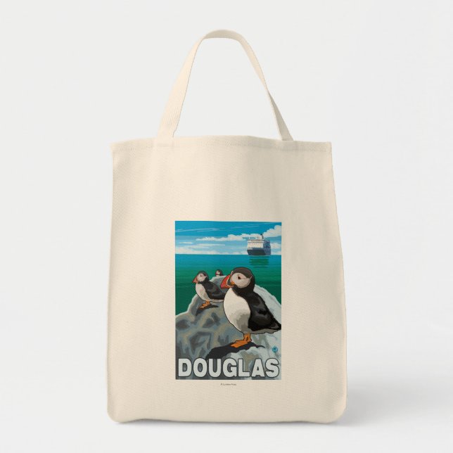 Puffins & Cruise Ship - Douglas, Alaska Tote Bag (Front)