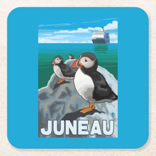 Puffins & Cruise Ship - Juneau, Alaska Square Paper Coaster